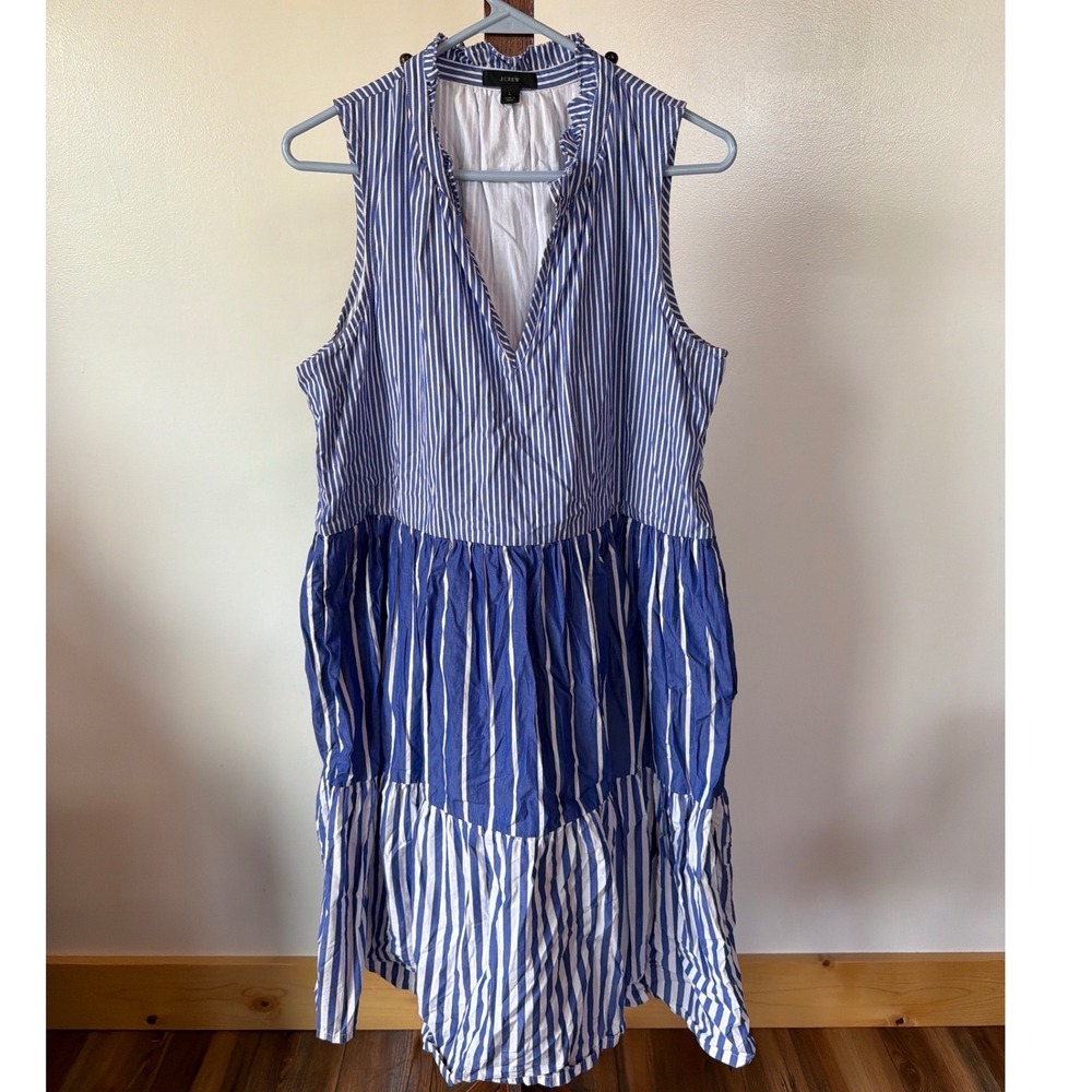 J.Crew Blue White Striped Tiered Midi Dress Sleeveless Ruffle Neck Pockets L